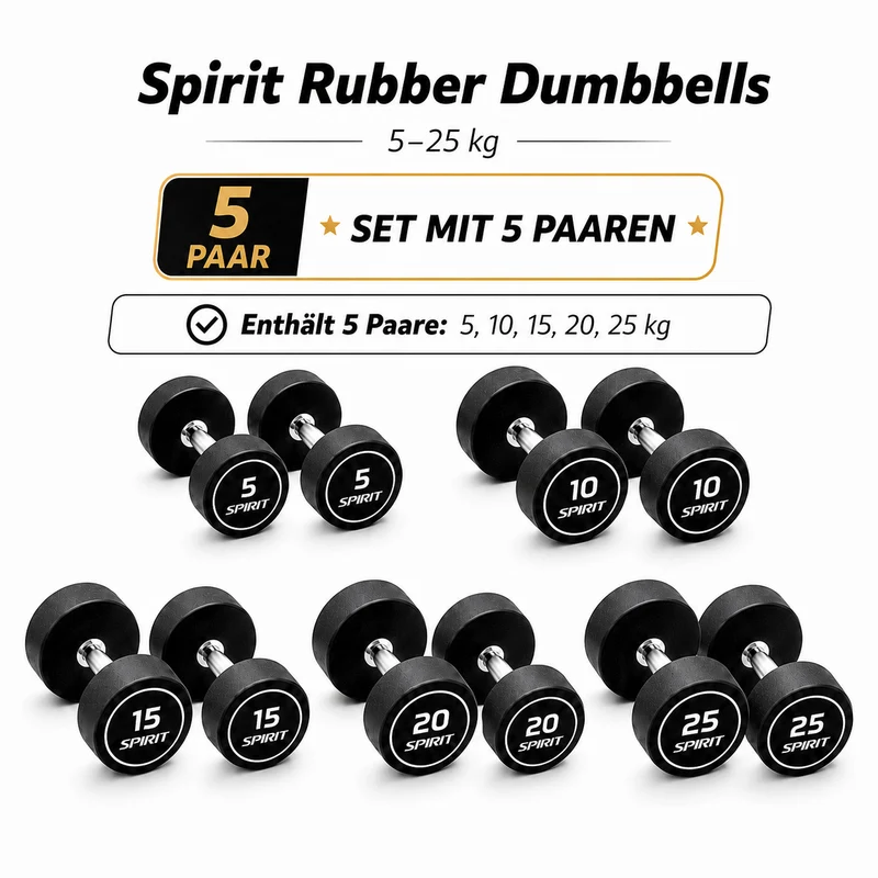 Spirit Fitness Round Rubber Kurzhantel 5 Paar Set mit Hantelablage
