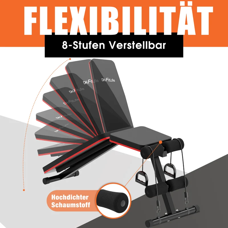 DH FitLife Hantelbank klappbar, 8-in-1 Trainingsbank, 80 % platzsparend
