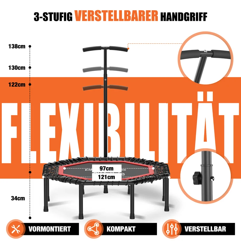 DH FitLife Fitness Trampolin Indoor Ø121 cm, klappbar, 150 kg mit Handgriff