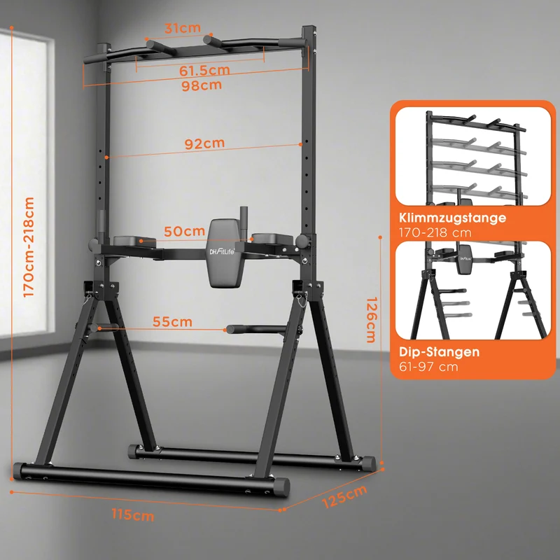 DH FitLife Power Tower faltbar, Klimmzugstange freistehend mit Dip Station