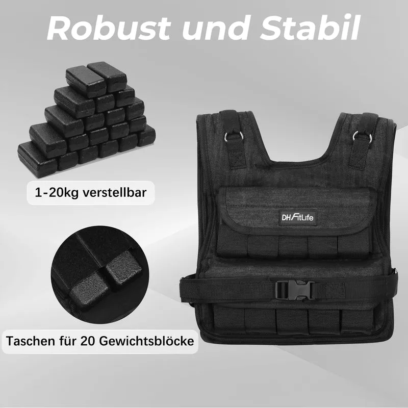 DH FitLife Gewichtsweste 20 kg, verstellbar, mit 20 Gusseisen Gewichten