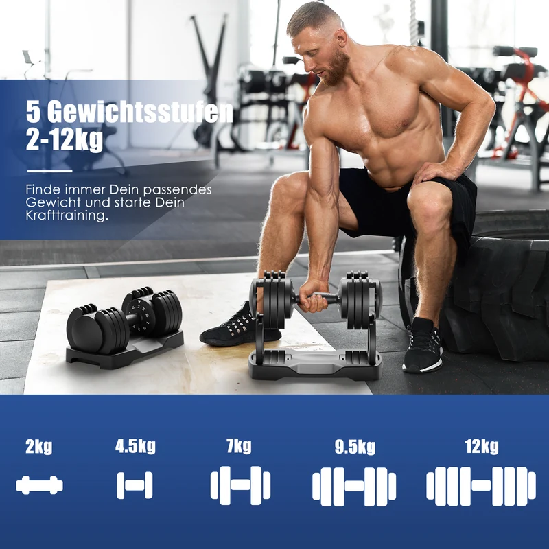 DH FitLife 12kg verstellbare Hanteln Set, 5 Stufen, Kurzhanteln 5-in-1