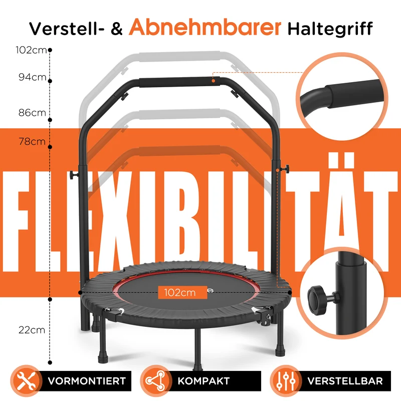 DH FitLife Fitness Trampolin Indoor Ø102 cm, klappbar, 150 kg mit Handgriff