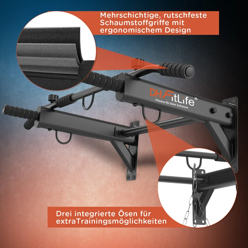 DH FitLife Klimmzugstange Wand, 4-in-1 Pull up Bar, 6 Griffe, bis 200 kg
