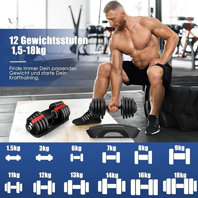 DH FitLife 18kg verstellbare Hanteln Set, 12 Stufen, Kurzhanteln 12-in-1