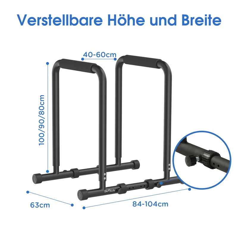 DH FitLife Dip Barren verstellbar 80–100cm, mit 2 Verbindungsstangen, 500kg
