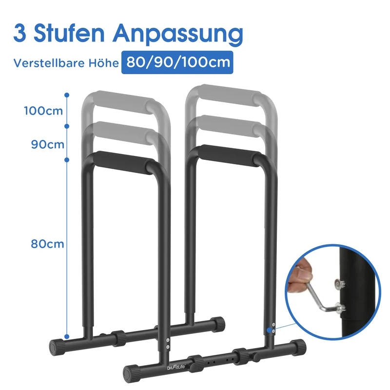 DH FitLife Dip Barren verstellbar 80–100cm, mit 2 Verbindungsstangen, 500kg