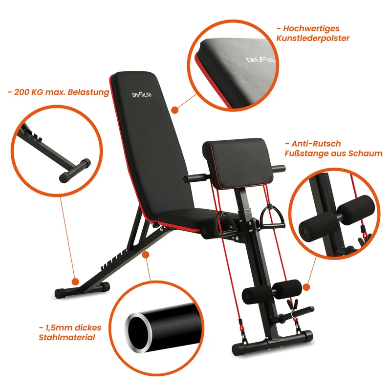 DH FitLife Hantelbank klappbar mit Curlbank und Beinstrecker