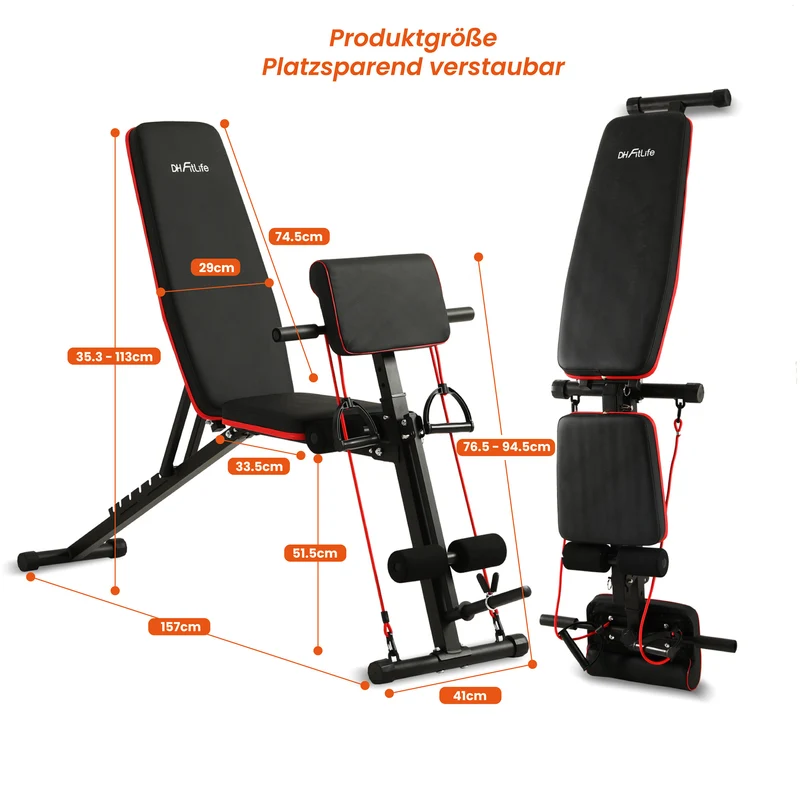 DH FitLife Hantelbank klappbar mit Curlbank und Beinstrecker