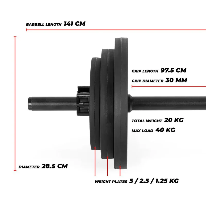 Pro Pump Langhantel Set | Langhantelstande inkl. 8 Hantelscheiben mit Gesamtgewicht: 20 kg | 141 x 3 cm