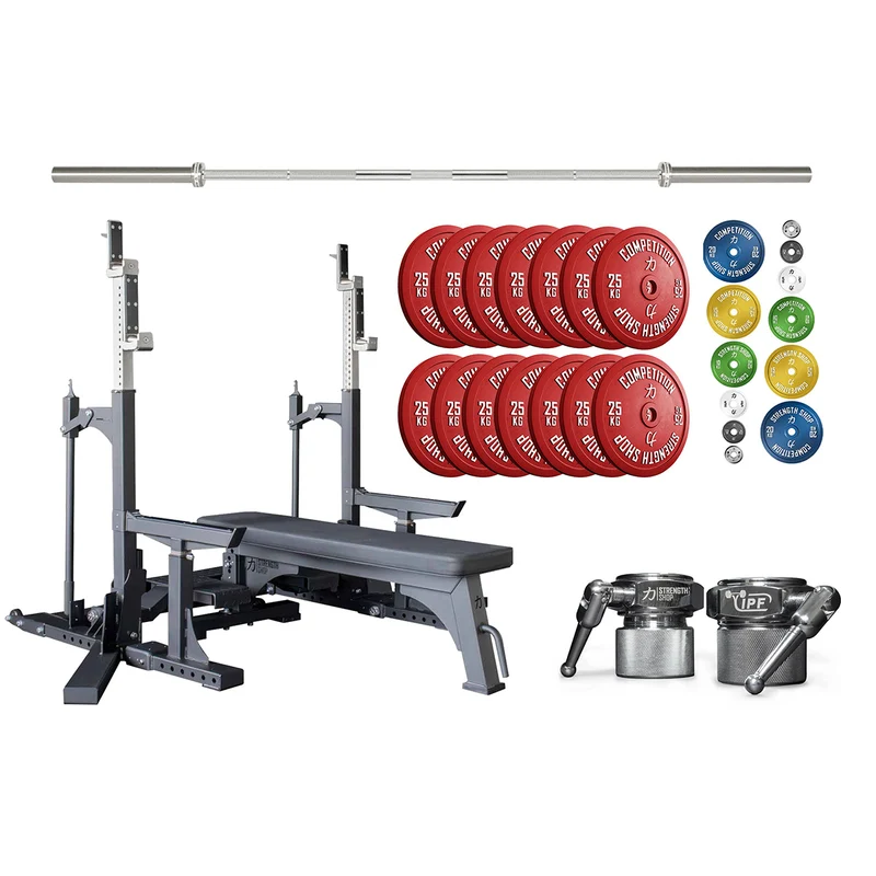 Competition Powerlifting Set: Pro Combo Rack + Calibrated Plates + Bastard Bar + Collars