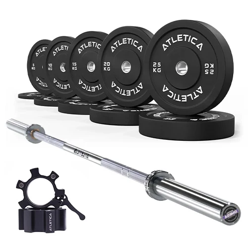 Omega Langhantel | Bumper Plates Schwarz 150kg | Aluminium Verschlüsse