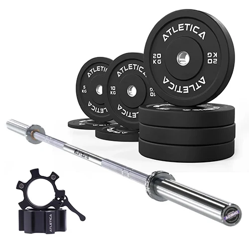 Langhantel SET Omega | Bumper Plates Schwarz 110kg | Aluminium Verschlüsse