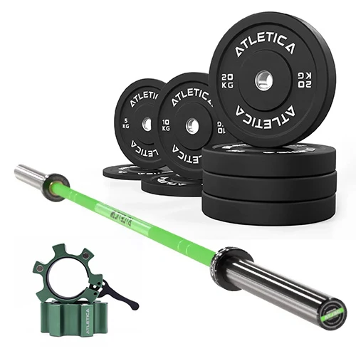Langhantel Set Delta Electric Green | Bumper Plates Schwarz 110kg | Aluminium Hantelverschlüsse