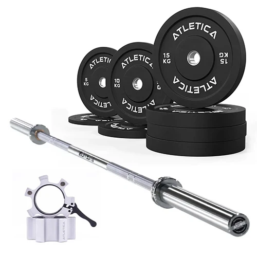 Langhantel SET Delta Chrome | 90kg Bumper Plates Schwarz | Alu Verschlüsse Silber