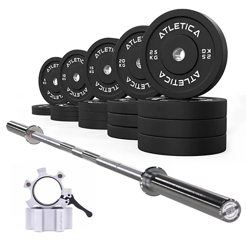 Langhantel Set Beta Chrome I Bumper Plates 300kg I Aluminiumverschlüsse weiß