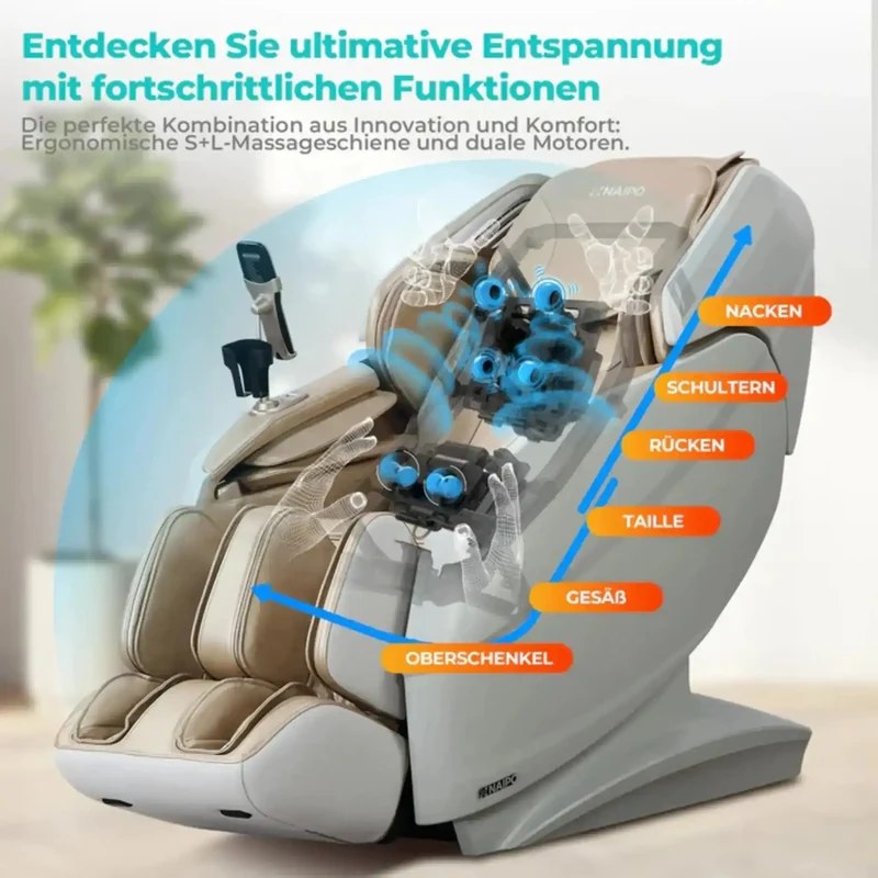 NAIPO R50 Massagesessel – S+L-Schiene 112 cm, 18 Programme, 28 Luftkissen, Wärme