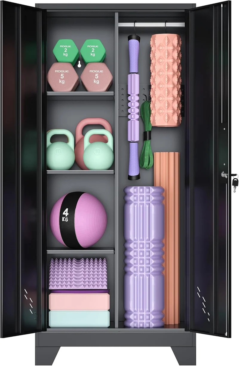 Home Gym Storage Cabinet, Metal Workout Equipment Organizer With Shelves, Hooks & Doors