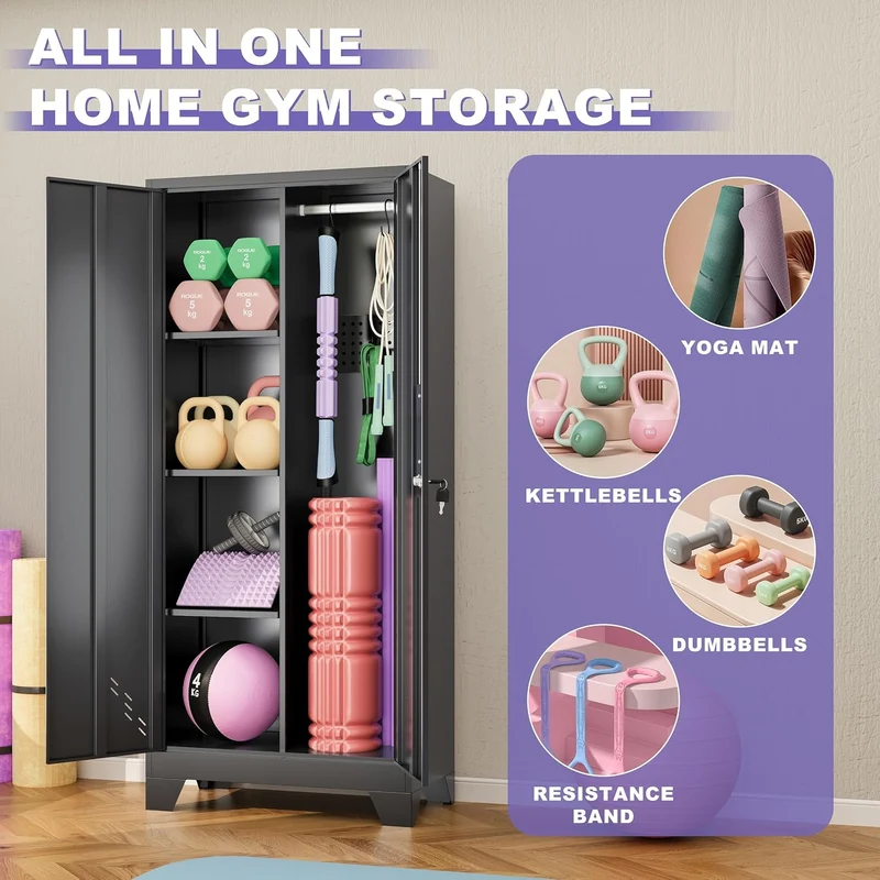 Home Gym Storage Cabinet, Metal Workout Equipment Organizer With Shelves, Hooks & Doors
