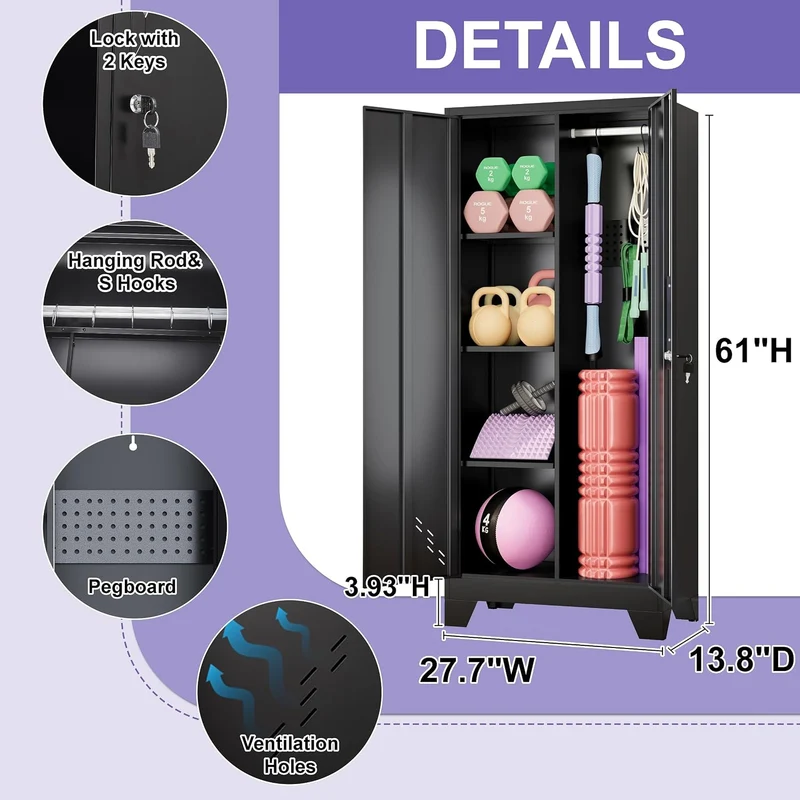 Home Gym Storage Cabinet, Metal Workout Equipment Organizer With Shelves, Hooks & Doors