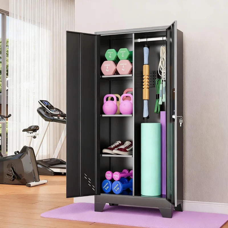 Home Gym Storage Cabinet, Metal Workout Equipment Organizer With Shelves, Hooks & Doors