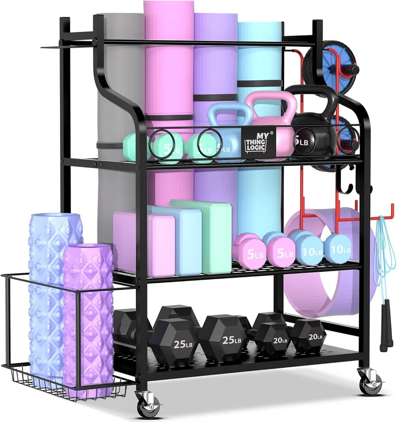 220 Lbs Gym Equipment Storage Rack With 4-Wheel Mobility For Yoga Mats & Fitness Gear