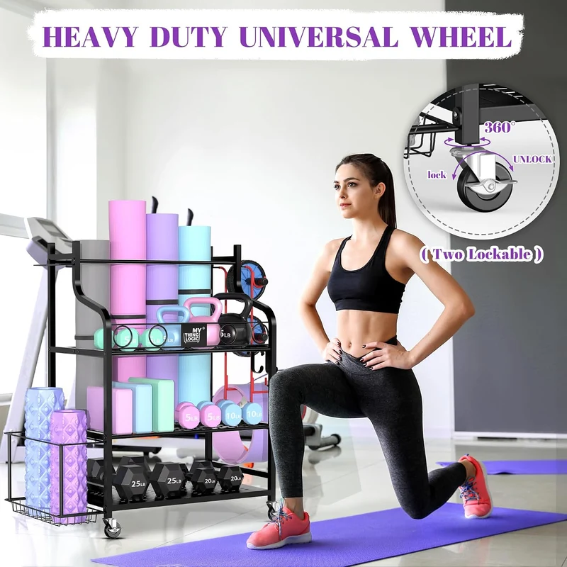 220 Lbs Gym Equipment Storage Rack With 4-Wheel Mobility For Yoga Mats & Fitness Gear