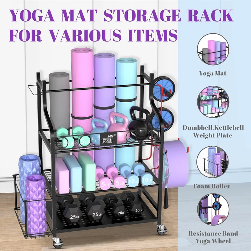 220 Lbs Gym Equipment Storage Rack With 4-Wheel Mobility For Yoga Mats & Fitness Gear
