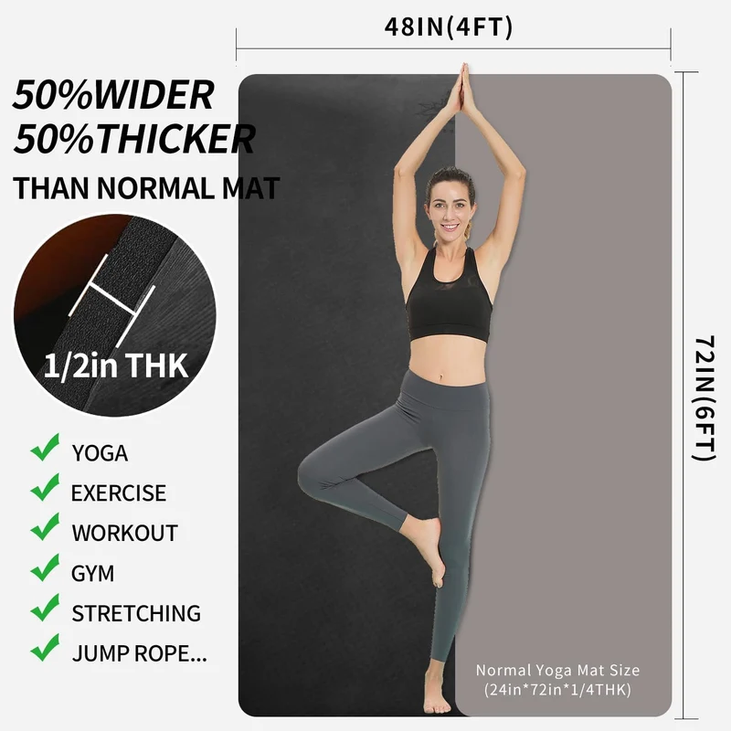 Large Yoga Mat 6' x 4' x 1/2" TPE Non-Slip Cushioned Exercise Mat For Yoga Pilates