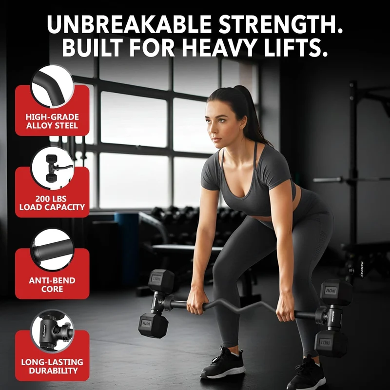 Dumbbell Barbell Converter Bar, Adjustable Heavy-Duty Steel, Secure Clamps, 200 Lb Capacity