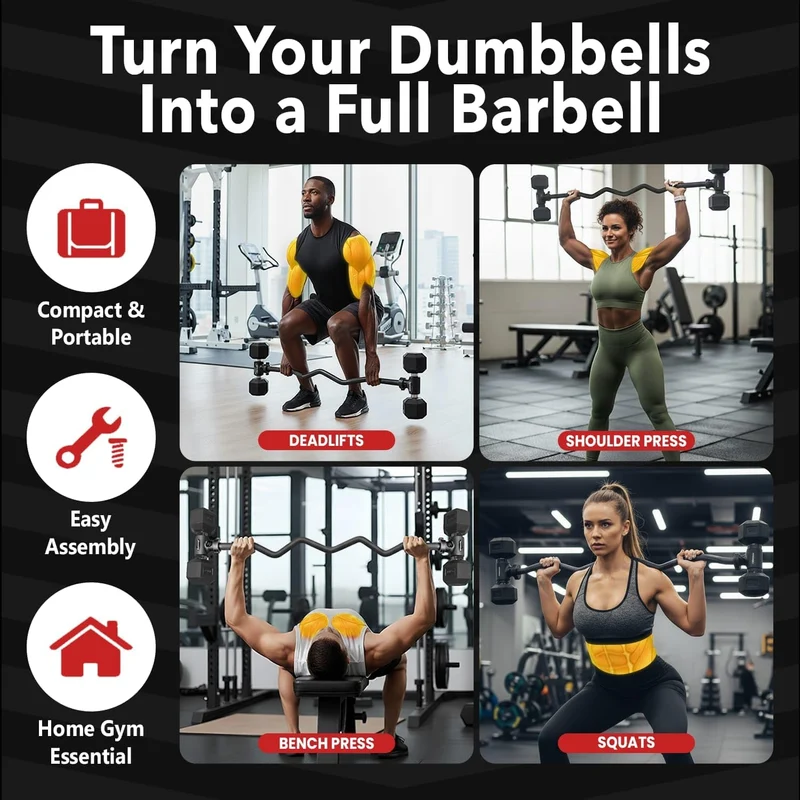 Dumbbell Barbell Converter Bar, Adjustable Heavy-Duty Steel, Secure Clamps, 200 Lb Capacity