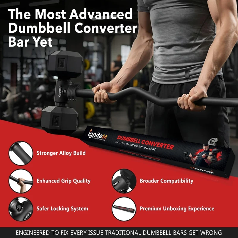 Dumbbell Barbell Converter Bar, Adjustable Heavy-Duty Steel, Secure Clamps, 200 Lb Capacity