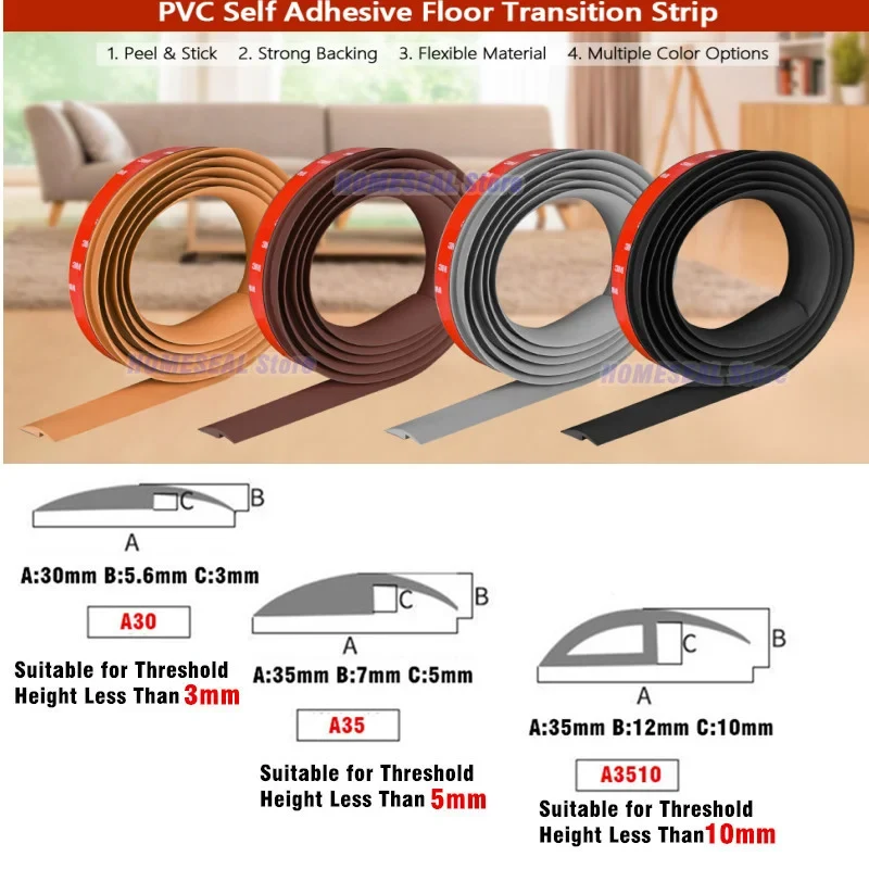Vinyl Floor Transition Strip, Self-Adhesive PVC Reducer For 3-10mm Gaps, 1M/2M