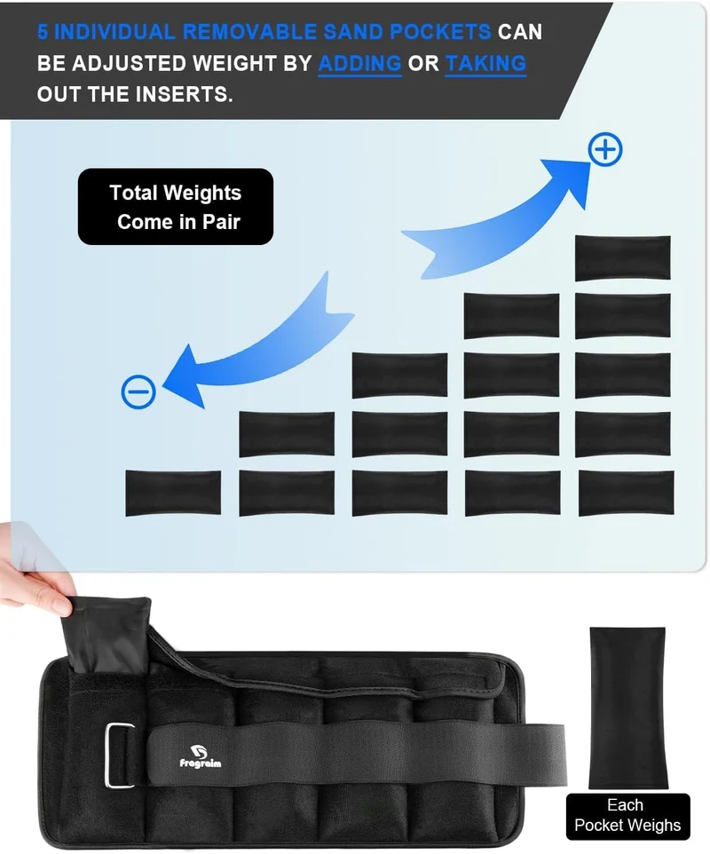 Adjustable Ankle Weights With Removable Sandbags, 2-20 Lbs Per Pair, Cotton Wrist Weights
