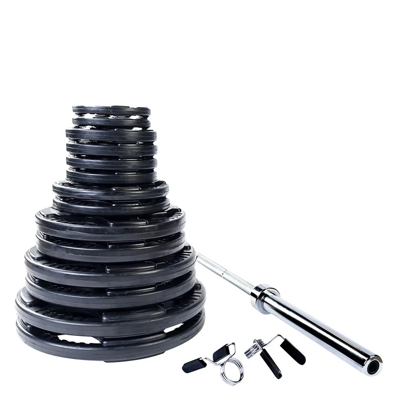Body-Solid Rubber Olympic Weight Plates Sets With 7' Bar, Collars & Quad-Grip Design