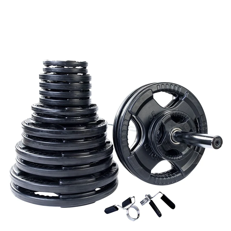 Body-Solid Rubber Olympic Weight Plates Sets With 7' Bar, Collars & Quad-Grip Design