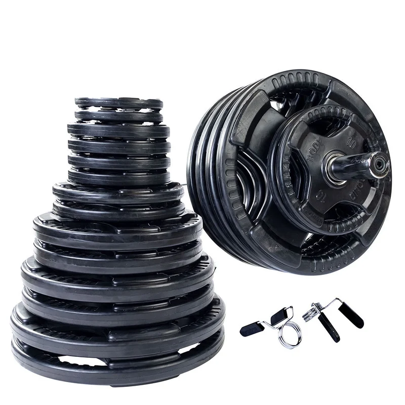 Body-Solid Rubber Olympic Weight Plates Sets With 7' Bar, Collars & Quad-Grip Design