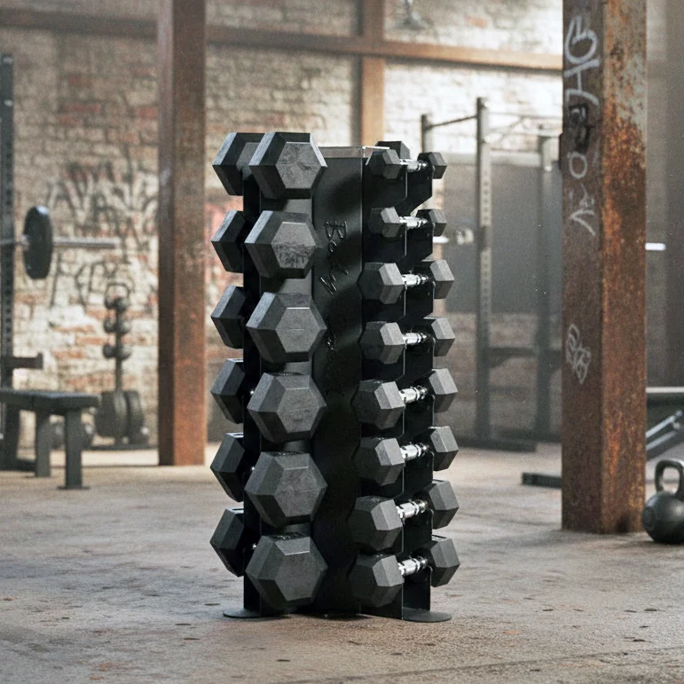 Body-Solid 5-50 Lb. Rubber Hex Dumbbell Set With Rack, 550 Lb. 3-Side Vertical Storage