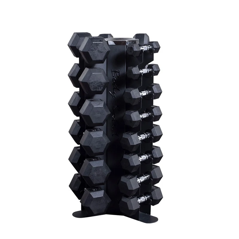Body-Solid 5-50 Lb. Rubber Hex Dumbbell Set With Rack, 550 Lb. 3-Side Vertical Storage
