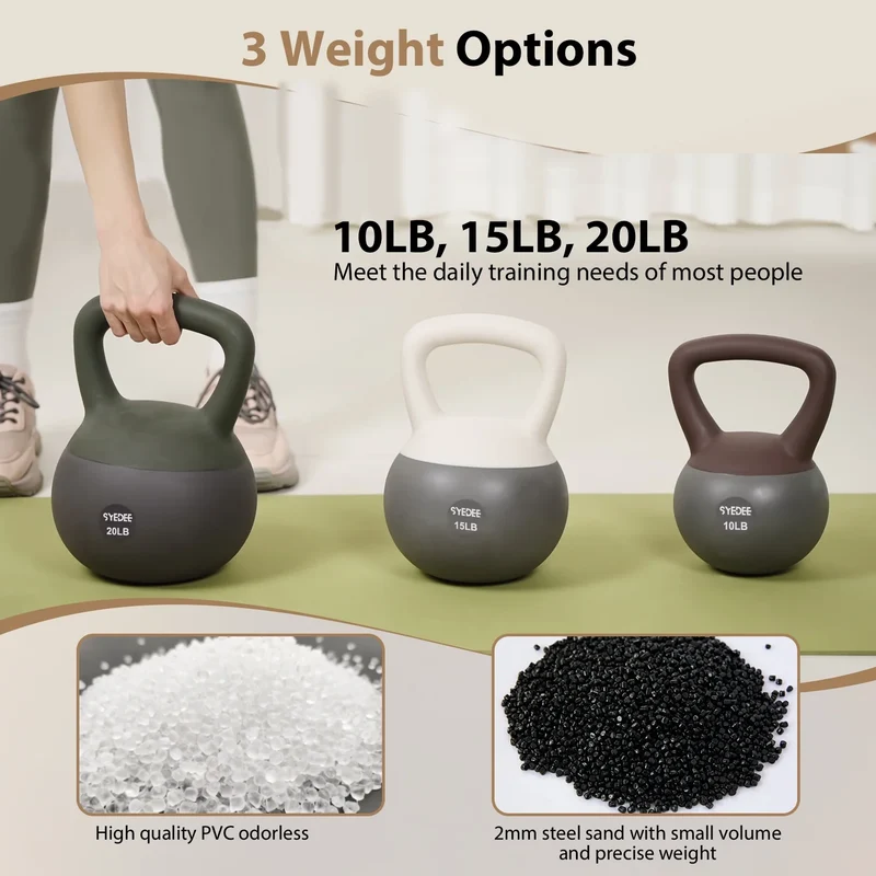3-Piece Soft Kettlebell Set, 10/15/20 Lb Weights, Non-Slip Handles, Quiet Floor-Safe Design