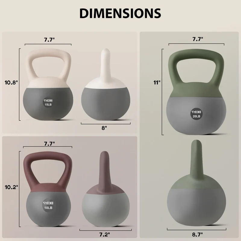 3-Piece Soft Kettlebell Set, 10/15/20 Lb Weights, Non-Slip Handles, Quiet Floor-Safe Design