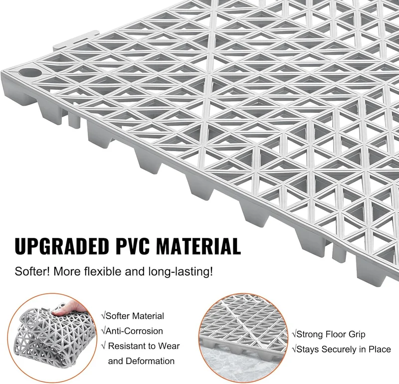 Drain Thru Tiles Interlocking 50-Piece PVC Floor Mats, Non-Slip 12x12-Inch