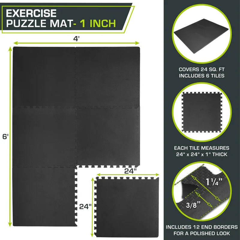 Exercise Foam Mats, 1-Inch EVA Puzzle Tiles, Non-Slip Gym Flooring, 24/72 Sq. Ft.