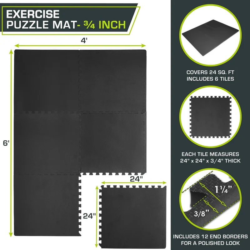 Exercise Puzzle Mat 3/4-Inch EVA Foam Interlocking Workout Flooring, Non-Skid, 24/96 Sq Ft