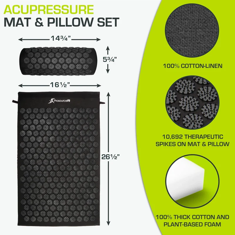 Acupressure Mat Set With Neck Pillow, 6,210 Pressure Points, Cotton And Eco Foam