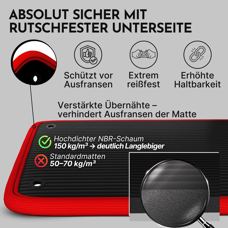 Fitnessmatte mit Ösen - extra dick und rutschfest – Schwarz / Rot (80 cm) / 1 Matte | B-Ware
