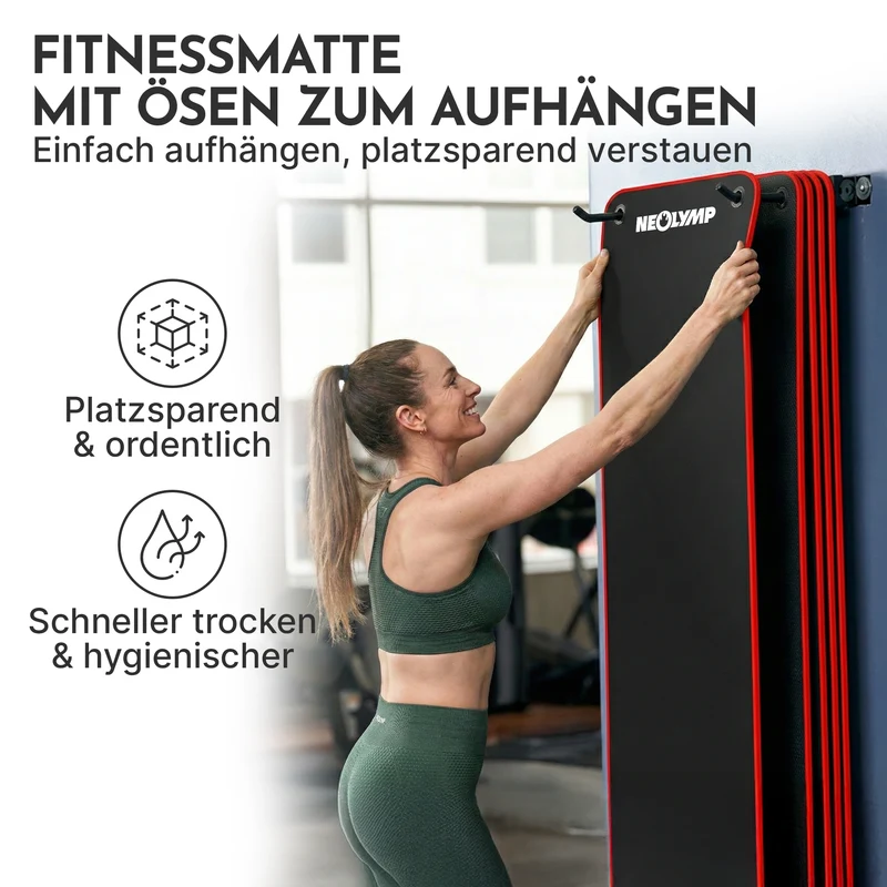 Fitnessmatte mit Ösen - extra dick und rutschfest – Schwarz / Rot (80 cm) / 1 Matte | B-Ware