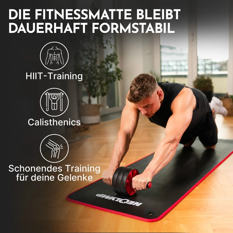 Fitnessmatte mit Ösen - extra dick und rutschfest – Schwarz / Rot (61 cm) / 1 Matte | B-Ware