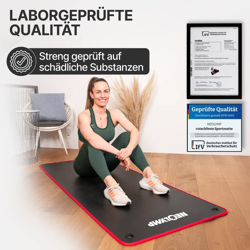 Fitnessmatte mit Ösen - extra dick und rutschfest – Schwarz / Rot (61 cm) / 1 Matte | B-Ware