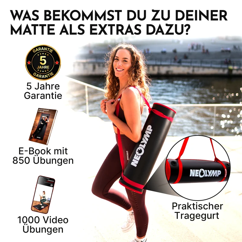 Fitnessmatte mit Ösen - extra dick und rutschfest – Schwarz / Rot (61 cm) / 1 Matte | B-Ware